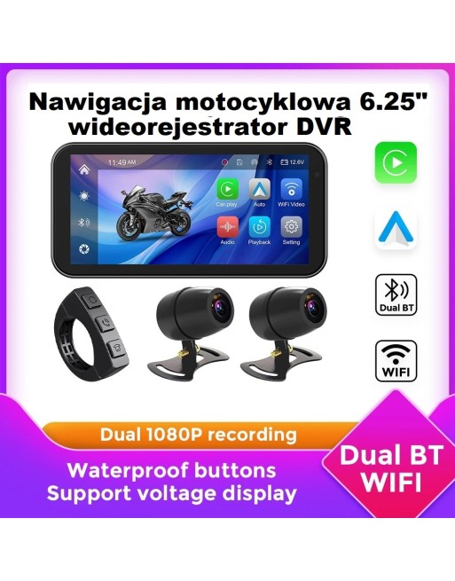 Nawigacja motocyklowa GPS 6.25" CarPlay Android wideorejestrator DUAL przód + tył